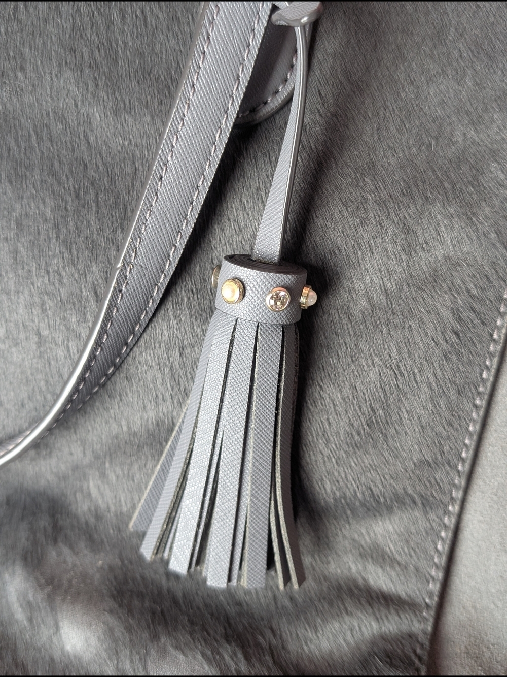Kate Spade New York Gray Haircalf & Leather Large Tote Bag Tassel Purse - Picture 4 of 16